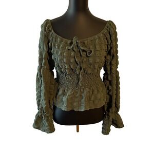 Rose and Grey Olive Green Coquette Smocked Peasant Blouse Top Bell Sleeve Y2K